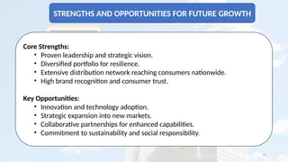 14
STRENGTHS AND OPPORTUNITIES FOR FUTURE GROWTH
Core Strengths:
• Proven leadership and strategic vision.
• Diversified portfolio for resilience.
• Extensive distribution network reaching consumers nationwide.
• High brand recognition and consumer trust.
Key Opportunities:
• Innovation and technology adoption.
• Strategic expansion into new markets.
• Collaborative partnerships for enhanced capabilities.
• Commitment to sustainability and social responsibility.
 