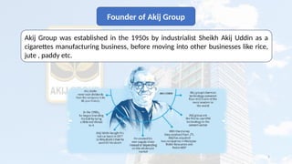 5
Founder of Akij Group
Akij Group was established in the 1950s by industrialist Sheikh Akij Uddin as a
cigarettes manufacturing business, before moving into other businesses like rice,
jute , paddy etc.
 