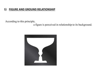 1) FIGURE AND GROUND RELATIONSHIP
According to this principle,
a figure is perceived in relationship to its background.
 