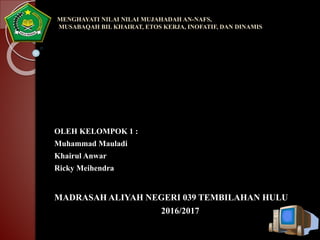 MENGHAYATI NILAI NILAI MUJAHADAH AN-NAFS,
MUSABAQAH BIL KHAIRAT, ETOS KERJA, INOFATIF, DAN DINAMIS
OLEH KELOMPOK 1 :
Muhammad Mauladi
Khairul Anwar
Ricky Meihendra
MADRASAH ALIYAH NEGERI 039 TEMBILAHAN HULU
2016/2017
 