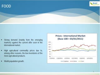 FOOD




 Strong demand (mainly from the emerging
  markets) against the current offer seen in the
  international market.

 High agricultural commodity prices due to,
  among other reasons, the low inventories of the
  most agricultural products.

 World population growth.



                                                    6
 