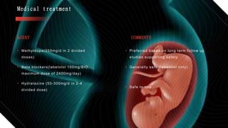 Medical treatment
AGENT COMMENTS
• Methyldopa(250mg/d in 2 divided
doses)
• Beta blockers(labetolol 100mg/BID,
maximum dose of 2400mg/day)
• Hydralazine (50-300mg/d in 2-4
divided dose)
• Preferred based on long term follow up
studies supporting safety
• Generally safe (labetolol only)
• Safe to use
 