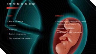 Contraindicated drugs
AGENT COMMENTS
• ACEIs and ARB’s
• Diuretics
• Reserpine
• Sodium nitroprusside
• Non selective beta blockers
• Causes oligohydraminos and cause
fetal toxicity and death.
• Neonatal hypotension
• Intrauterine growth retardation
 