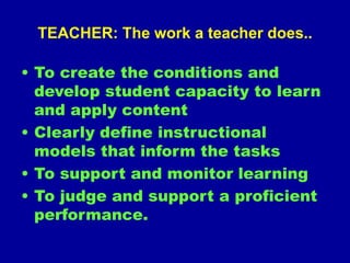 TEACHER: The work a teacher does..
• To create the conditions and
develop student capacity to learn
and apply content
• Clearly define instructional
models that inform the tasks
• To support and monitor learning
• To judge and support a proficient
performance.
 