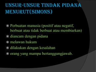unsur-unsur tindak pidana
menurut(Simons)
Perbuatan manusia (positif atau negatif,
berbuat atau tidak berbuat atau membiarkan)
 diancam dengan pidana
 melawan hukum
 dilakukan dengan kesalahan
 orang yang mampu bertanggungjawab.


 