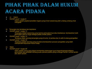 PIHAK PIHAK DALAM HUKUM
ACARA PIDANA



d)





e)


c)
Hakim
KUHAP pasal 1 angka 8
Hakim adalah pejabat peradilan negara yang di beri wewenang oleh undang undang untuk
mengadili

Tersangka dan terdakwa dan terpidana
KUHAP pasal 1 angka 13
Tersangka adalah seseorang yang karena perbuatannnya atau keadaanya .berdasarkan bukti
permulaan patut di duga sebagai pelaku tindak pidana
KUHAP pasal 1 angka 14
Terdakwa dalah seorang tersangka yang di tuntut ,di periksa dan di adili di sidang pengadilan
KUHAP pasal 1 angka 32
Terpidana adalah seorang yang di pidana berdasarkan putusan pengadilan yang telah
memperoleh keputusan hukum tetap
Saksi
KUHAP pasal 1 angka 26
Saksi adalah orang yang dapat memberikan keterangan guna kepentinganpenyidikana,
penuntutan dan peradilan tentang suatu perkara pidana yang ia dengar sendiri ,ia lihat sendiri
dan alami sendiri.

 