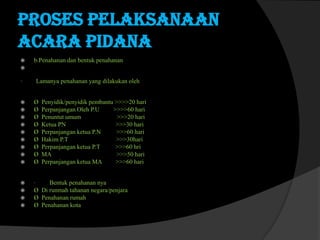 Proses pelaksanaan
acara pidana


b.Penahanan dan bentuk penahanan



·
















Lamanya penahanan yang dilakukan oleh
Ø
Ø
Ø
Ø
Ø
Ø
Ø
Ø
Ø

Penyidik/penyidik pembantu >>>>20 hari
Perpanjangan Oleh P.U
>>>>60 hari
Penuntut umum
>>>20 hari
Ketua PN
>>>30 hari
Perpanjangan ketua P.N
>>>60 hari
Hakim P.T
>>>30hari
Perpanjangan ketua P.T
>>>60 hri
MA
>>>50 hari
Perpanjangan ketua MA
>>>60 hari

·
Bentuk penahanan nya
Ø Di runmah tahanan negara/penjara
Ø Penahanan rumah
Ø Penahanan kota

 