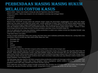 PERBENDAAN MASING MASING HUKUM
MELALUI CONTOH KASUS

Hukum pidana : hukum yang mengatur tentang apa siapa dan bagaimana orang dapat di hukum
Hukum acara pidana : hukum yang mengaturr cara cara menghukum seseorang yang melanggar hukum
Contoh kasus
Pembunuhan
Pembunuhan merupakan kasus kriminalisasi
Menurut Pasal 340 KUHP ancaman pidana dari perbuatan dengan sengaja dan direncanakan menghilangkan nyawa orang yaitu dengan
pidana mati atau pidana seumur hidup atau selama waktu tertentu, paling lama 20 tahun. Pasal 338 KUHP diancam pidana penjara paling
lama 15 tahun karena dengan sengaja menghilangkan nyawa orang. Pasal 365 ayat (3) KUHP diancam pidana penjara selama – lamanya 15
tahun jika melakukan perbuatan pencurian yang berakibat kematian, Pasal 285 KUHP diancam pidana penjara selama – lamanya 12 tahun
karena dengan kekerasan atau dengan ancaman memaksa perempuan yang bukan istrinya bersetubuh dengan dia.
Jadi di sini sudah jelas kalo orang yang melakukan tindakan pembunuhan itu adalah murni tindakan kriminal dan dinyatakan bersalah yang
perlu dan wajib d hukum..seseuai pasal pasal tersebut
Tetapi dalam hukum acara pidana
Seorang tersangka pembunuhan belum tentu seorang yang benar benar murni melakukan pembunuhan dikarena kan...seorang hakim akan
memutuskan orang itu bersalah atau tidak setelah melihat adanya alat bukti
1. Keterangan saksi
2. Keterangan ahli
3. Surat
4. Petunjuk
5. Keterangan terdakwa
Alat bukti yang dapat diperiksa oleh hakim mengenai perkara pembunuhan tersebut yaitu keterangan saksi
Alat bukti kedua yang dapat diperiksa oleh hakim mengenai perkara pembunuhan tersebut yaitu keterangan ahli yang diatur dalam Pasal 186
KUHAP.. Dalam perkara pembunuhan tersebut, yang dapat dijadikan sebagai alat bukti keterangan ahli yaitu ahli kedokteran kehakiman
seperti dokter forensik. Hakim meminta kepada dokter forensik untuk memberikan keterangan mengenai hasil visum korban. Dengan adanya
keterangan dari dokter forensik akan sangat membantu hakim dalam menentukan tindak pidana apa yang dilakukan terdakwa kepada korban
dengan melakukan visum terhadap korban
Alat bukti ketiga yang dapat diperiksa oleh hakim mengenai perkara pembunuhan tersebut yaitu keterangan terdakwa yang diatur dalam Pasal
189 KUHAP. Keterangan terdakwa dapat berupa pengakuan maupun pengingkaran, apabila terdakwa mengakui perbuatannya maka
pengakuan tersebut tidak cukup, melainkan harus disertai alat bukti yang lain.
Disini sudah jelas seorang terdakwa ataupun tersangka pembunuhan akan dinytakan atau di kenakan sanksi atau di dakwa dan di jatuhkan
hukuman apa yang akan di berikan oleh hakim ,setelah seorang hakim tersebut melakukan dan melihat alat alat bukti tersebut....

 