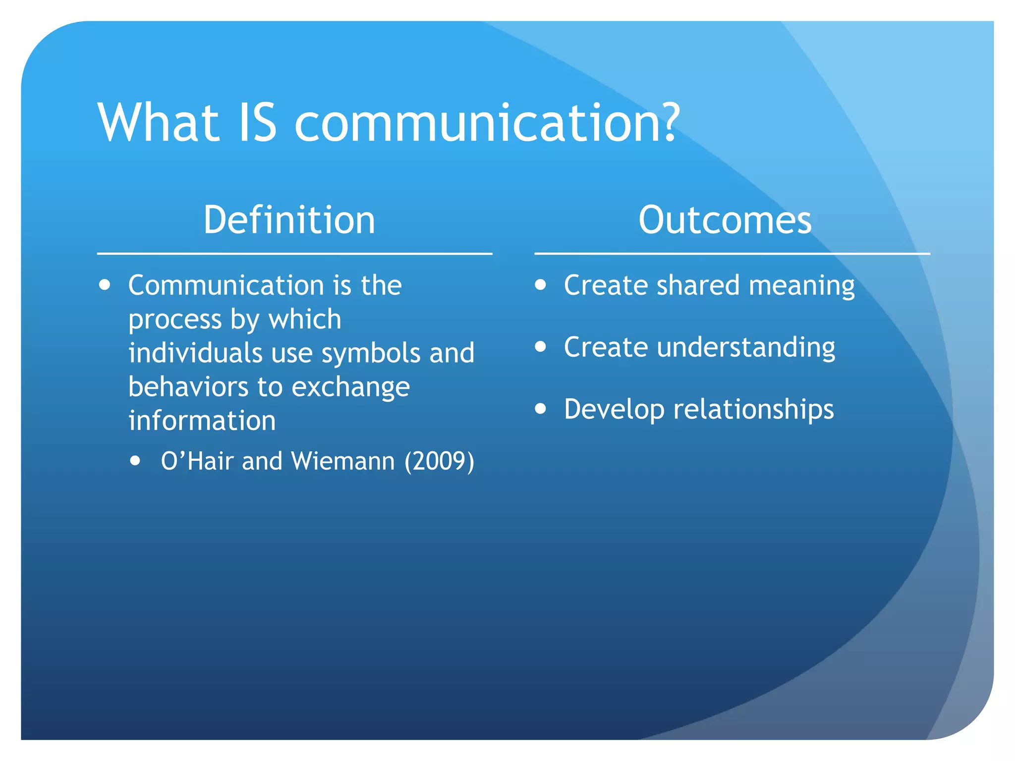 What IS communication?
        Definition                      Outcomes
 Communication is the           Create shared meaning
  process by which
  individuals use symbols and    Create understanding
  behaviors to exchange
  information                    Develop relationships
   O’Hair and Wiemann (2009)
 
