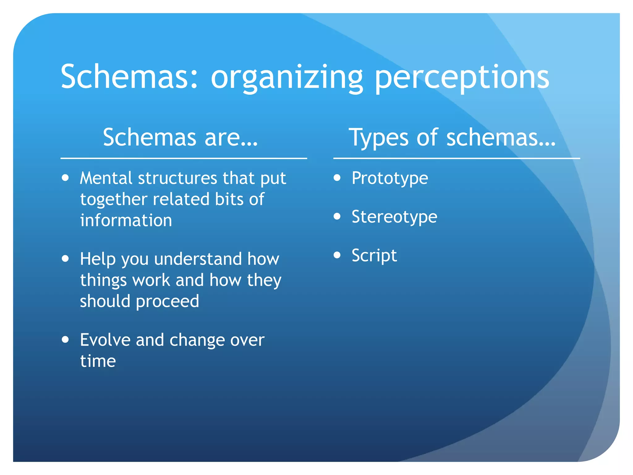 Schemas: organizing perceptions
     Schemas are…                Types of schemas…
 Mental structures that put    Prototype
  together related bits of
  information                   Stereotype

 Help you understand how       Script
  things work and how they
  should proceed

 Evolve and change over
  time
 