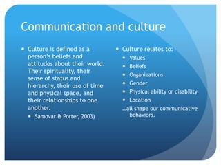 Communication and culture
 Culture is defined as a         Culture relates to:
  person’s beliefs and              Values
  attitudes about their world.      Beliefs
  Their spirituality, their
                                    Organizations
  sense of status and
                                    Gender
  hierarchy, their use of time
  and physical space, and           Physical ability or disability
  their relationships to one        Location
  another.                         …all shape our communicative
   Samovar & Porter, 2003)          behaviors.
 