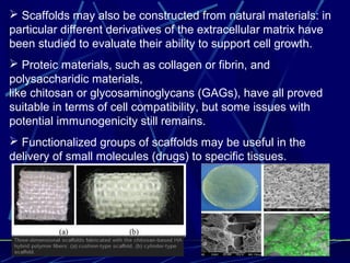  Scaffolds may also be constructed from natural materials: in
particular different derivatives of the extracellular matrix have
been studied to evaluate their ability to support cell growth.
 Proteic materials, such as collagen or fibrin, and
polysaccharidic materials,
like chitosan or glycosaminoglycans (GAGs), have all proved
suitable in terms of cell compatibility, but some issues with
potential immunogenicity still remains.
 Functionalized groups of scaffolds may be useful in the
delivery of small molecules (drugs) to specific tissues.
 