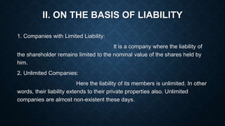 II. ON THE BASIS OF LIABILITY
1. Companies with Limited Liability:
It is a company where the liability of
the shareholder remains limited to the nominal value of the shares held by
him.
2. Unlimited Companies:
Here the liability of its members is unlimited. In other
words, their liability extends to their private properties also. Unlimited
companies are almost non-existent these days.
 