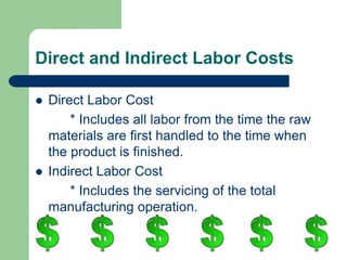 Direct and Indirect Labor Costs
 Direct Labor Cost
* Includes all labor from the time the raw
materials are first handled to the time when
the product is finished.
 Indirect Labor Cost
* Includes the servicing of the total
manufacturing operation.
 