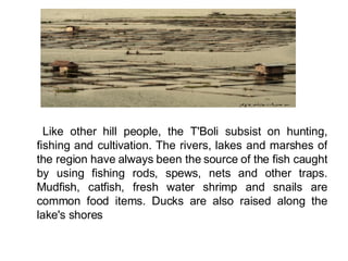        Like other hill people, the T'Boli subsist on hunting, fishing and cultivation. The rivers, lakes and marshes of the region have always been the source of the fish caught by using fishing rods, spews, nets and other traps. Mudfish, catfish, fresh water shrimp and snails are common food items. Ducks are also raised along the lake's shores  