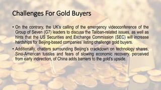 Challenges For Gold Buyers
• On the contrary, the UK’s calling of the emergency videoconference of the
Group of Seven (G7) leaders to discuss the Taliban-related issues, as well as
hints that the US Securities and Exchange Commission (SEC) will increase
hardships for Beijing-based companies’ listing challenge gold buyers.
• Additionally, chatters surrounding Beijing’s crackdown on technology shares,
Sino-American tussles and fears of slowing economic recovery, perceived
from early indirection, of China adds barriers to the gold’s upside.
 