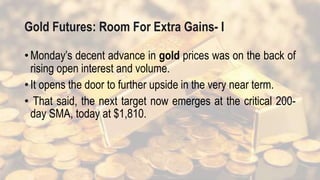 Gold Futures: Room For Extra Gains- I
• Monday’s decent advance in gold prices was on the back of
rising open interest and volume.
• It opens the door to further upside in the very near term.
• That said, the next target now emerges at the critical 200-
day SMA, today at $1,810.
 