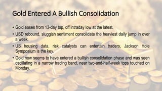 Gold Entered A Bullish Consolidation
• Gold eases from 13-day top, off intraday low at the latest.
• USD rebound, sluggish sentiment consolidate the heaviest daily jump in over
a week.
• US housing data, risk catalysts can entertain traders, Jackson Hole
Symposium is the key.
• Gold now seems to have entered a bullish consolidation phase and was seen
oscillating in a narrow trading band, near two-and-half-week tops touched on
Monday.
 
