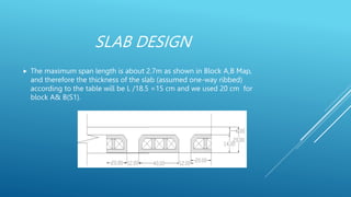SLAB DESIGN
 The maximum span length is about 2.7m as shown in Block A,B Map,
and therefore the thickness of the slab (assumed one-way ribbed)
according to the table will be L /18.5 =15 cm and we used 20 cm for
block A& B(S1).
 