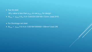  Top rib steel
All 𝜌 value is less than 𝜌𝑚𝑖𝑛 so use 𝜌𝑚𝑖𝑛 for design.
 Asmin = 𝜌𝑚𝑖𝑛 X bw X d= 0.0033X120X180=72mm .Used 2ᶲ10.
 For Shrinkage net steel
 Asmin = 𝜌𝑚𝑖𝑛 X b X d= 0.0018X1000X60=108mm2 Used 2ᶲ8
 
