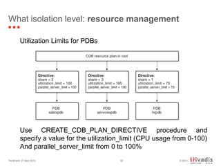 © 2013TechEvent 27 April 2013 30
What isolation level: resource management
Utilization Limits for PDBs
Use CREATE_CDB_PLAN_DIRECTIVE procedure and
specify a value for the utilization_limit (CPU usage from 0-100)
And parallel_server_limit from 0 to 100%
 