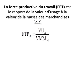 La force productive du travail (FPT) est
le rapport de la valeur d’usage à la
valeur de la masse des marchandises
(2.2)
 