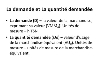 La demande et La quantité demandée
• La demande (D) – la valeur de la marchandise,
exprimant sa valeur (VMMA). Unités de
mesure – h TSN.
• La quantité demandée (Qd) – valeur d'usage
de la marchandise-équivalent (VUB). Unités de
mesure – unités de mesure de la marchandise-
équivalent.
 