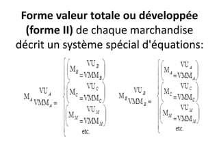 Forme valeur totale ou développée
(forme II) de chaque marchandise
décrit un système spécial d'équations:
 