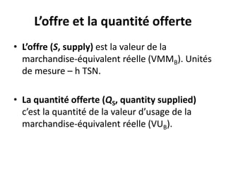 L’offre et la quantité offerte
• L’offre (S, supply) est la valeur de la
marchandise-équivalent réelle (VMMB). Unités
de mesure – h TSN.
• La quantité offerte (QS, quantity supplied)
c’est la quantité de la valeur d’usage de la
marchandise-équivalent réelle (VUB).
 