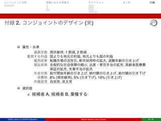 コンジョイント分析 実践における考慮点 ガイドライン まとめ 付録
付録 2. コンジョイントのデザイン (宋)
属性・水準
議員定数 現状維持, 1 割減, 2 割減
重視する利益 国よりも地元の利益, 地元よりも国の利益
雇用政策 転職市場の活性化, 新卒採用枠の拡大, 退職年齢の引き上げ
福祉政策 全般的な社会保障の縮小, 出産・育児手当の拡充, 高齢者医療費
保証の拡充, 失業手当の拡充
年金対策 給付開始年齢の引き上げ, 納付額の引き上げ, 給付額の引き下げ
消費税 8% (現状維持), 5% (引き下げ), 10% (引き上げ)
所属政党 自民党, 民主党
選択肢
候補者 A, 候補者 B, 棄権する
SONG Jaehyun & ZENKYO Masahiro Political Science Loves Conjoint 25 / 25
 