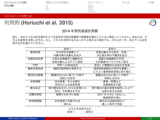 コンジョイント分析 実践における考慮点 ガイドライン まとめ 付録
コンジョイント分析とは
利用例 (Horiuchi et al. 2015)
2014 年衆院選選択実験
仮に、次のような公約を掲げた 2 つの政党が今回の総選挙で候補者を擁立していると想定してください。あなたは、ど
ちらの政党を支持しますか。もし、どちらを支持するかはっきりと言えない場合でも、どちらか一方、あえていえば支
持する方を選んでください。
政党 1 政党 2
雇用政策 年功序列を撤廃して 多様な働き方を認め、正規・
労働市場の流動化を促す 非正規を問わず雇用を拡大
金融財政政策 大胆な金融緩和と機動的な 過度の金融緩和や円安、
財政出動によるデフレ脱却 公共事業のバラマキをい是正
TPP TPP への参加反対 参加して積極的な自由化を推進
議員定数削減 議員定数削減を実現する 選挙制度調査会の答申を尊重し、
よりよい選挙制度改革に取り組む
集団的自衛権 閣議決定のみに基づく行使の 閣議決定のみに基づく行使の
容認には反対 容認には反対
成長戦略 地方産業・中小企業の 農業・医療など
活性化による成長実現 岩盤規制を打破
憲法改正 現行憲法条文のいかなる変更にも 現行憲法の基本原理を維持した上で
反対。平和憲法を守る 必要な条文を追加
消費税増税 期限を決めずに延期 2017 年 4 月に 10%にし、
軽減税率を導入
原発再稼動 安全基準に合格すれば 責任ある逃避計画など
認める 厳しい条件で容認
どちらを支持するか
政党 1 政党 2
SONG Jaehyun & ZENKYO Masahiro Political Science Loves Conjoint 5 / 25
 
