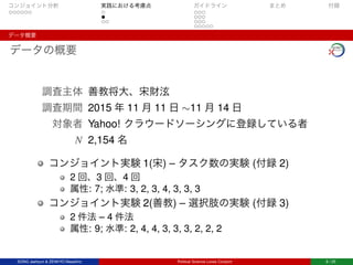 コンジョイント分析 実践における考慮点 ガイドライン まとめ 付録
データ概要
データの概要
調査主体 善教将大、宋財泫
調査期間 2015 年 11 月 11 日 ∼11 月 14 日
対象者 Yahoo! クラウードソーシングに登録している者
N 2,154 名
コンジョイント実験 1(宋) – タスク数の実験 (付録 2)
2 回、3 回、4 回
属性: 7; 水準: 3, 2, 3, 4, 3, 3, 3
コンジョイント実験 2(善教) – 選択肢の実験 (付録 3)
2 件法 – 4 件法
属性: 9; 水準: 2, 4, 4, 3, 3, 3, 2, 2, 2
SONG Jaehyun & ZENKYO Masahiro Political Science Loves Conjoint 8 / 25
 