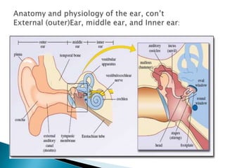 Anatomy and physiology of the ear, con’tExternal (outer)Ear, middle ear, and Inner ear: