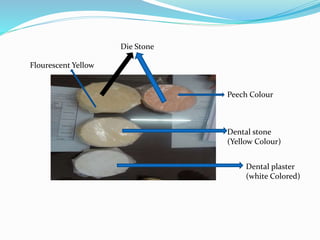 Die Stone
Dental stone
(Yellow Colour)
Dental plaster
(white Colored)
Peech Colour
Flourescent Yellow
 