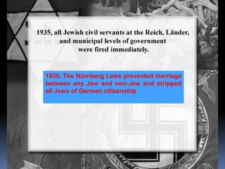1935, The Nürnberg Laws prevented marriage
between any Jew and non-Jew and stripped
all Jews of German citizenship
 