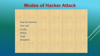  Over the Internet
 Over LAN
 Locally
 Offline
 Theft
 Deception
Modes of Hacker Attack
 
