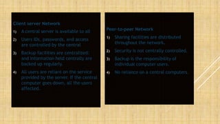 Client server Network
1) A central server is available to all
2) Users IDs, passwords, and access
are controlled by the central
3) Backup facilities are centralized:
and information held centrally are
backed up regularly.
4) All users are reliant on the service
provided by the server. If the central
computer goes down, all the users
affected.
Peer-to-peer Network
1) Sharing facilities are distributed
throughout the network.
2) Security is not centrally controlled.
3) Backup is the responsibility of
individual computer users.
4) No reliance on a central computers.
 