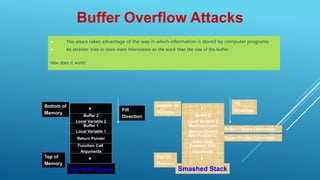  This attack takes advantage of the way in which information is stored by computer programs
 An attacker tries to store more information on the stack than the size of the buffer
How does it work?
Buffer Overflow Attacks
•
Buffer 2
Local Variable 2
Buffer 1
Local Variable 1
Return Pointer
Function Call
Arguments
•
Fill
Direction
Bottom of
Memory
Top of
Memory
Normal Stack
•
Buffer 2
Local Variable 2
Machine Code:
execve(/bin/sh)
New Pointer to
Exec Code
Function Call
Arguments
•
Fill
Direction
Bottom of
Memory
Top of
Memory
Smashed Stack
Return Pointer Overwritten
Buffer 1 Space Overwritten
 