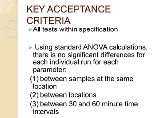 KEY ACCEPTANCE
CRITERIA
All tests within specification
 Using standard ANOVA calculations,
there is no significant differences for
each individual run for each
parameter:
(1) between samples at the same
location
(2) between locations
(3) between 30 and 60 minute time
intervals
 