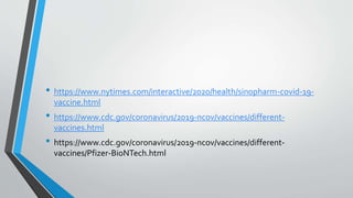 • https://www.nytimes.com/interactive/2020/health/sinopharm-covid-19-
vaccine.html
• https://www.cdc.gov/coronavirus/2019-ncov/vaccines/different-
vaccines.html
• https://www.cdc.gov/coronavirus/2019-ncov/vaccines/different-
vaccines/Pfizer-BioNTech.html
 
