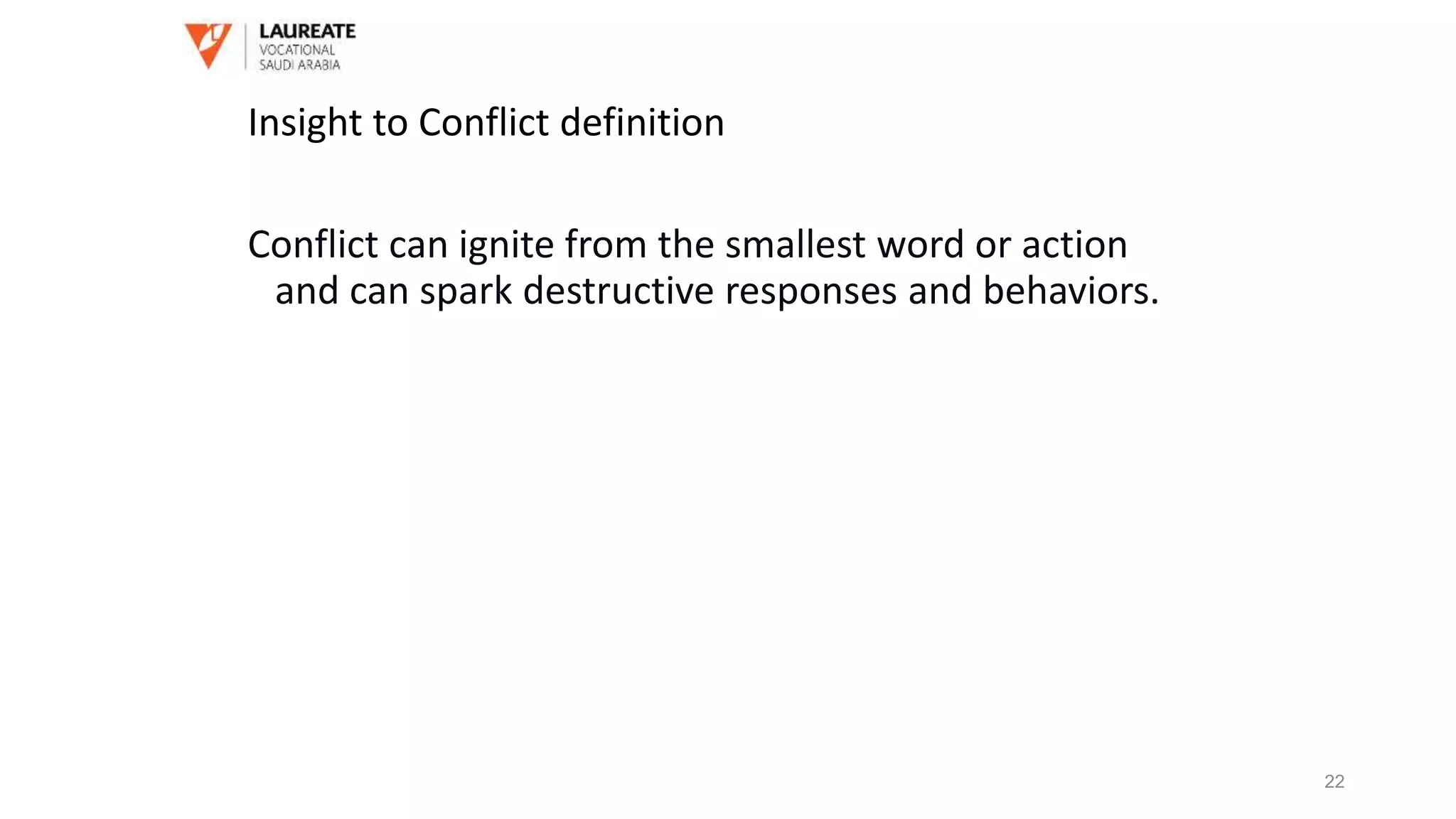 Insight to Conflict definition
Conflict can ignite from the smallest word or action
and can spark destructive responses and behaviors.
22
 