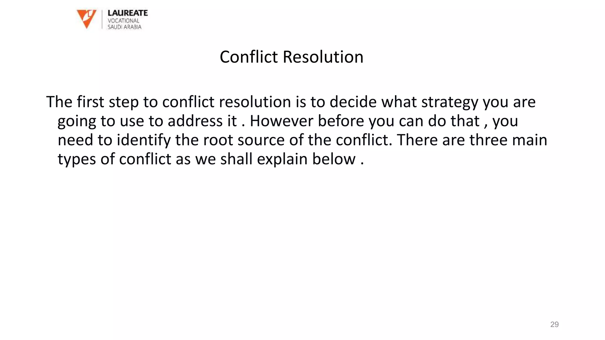 The first step to conflict resolution is to decide what strategy you are
going to use to address it . However before you can do that , you
need to identify the root source of the conflict. There are three main
types of conflict as we shall explain below .
Conflict Resolution
29
 