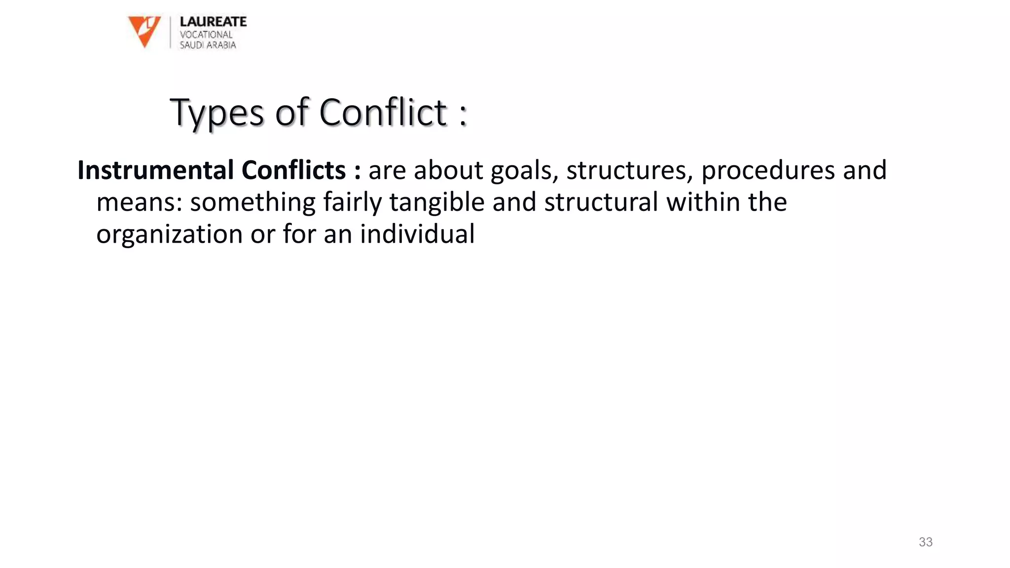 Instrumental Conflicts : are about goals, structures, procedures and
means: something fairly tangible and structural within the
organization or for an individual
Types of Conflict :
33
 