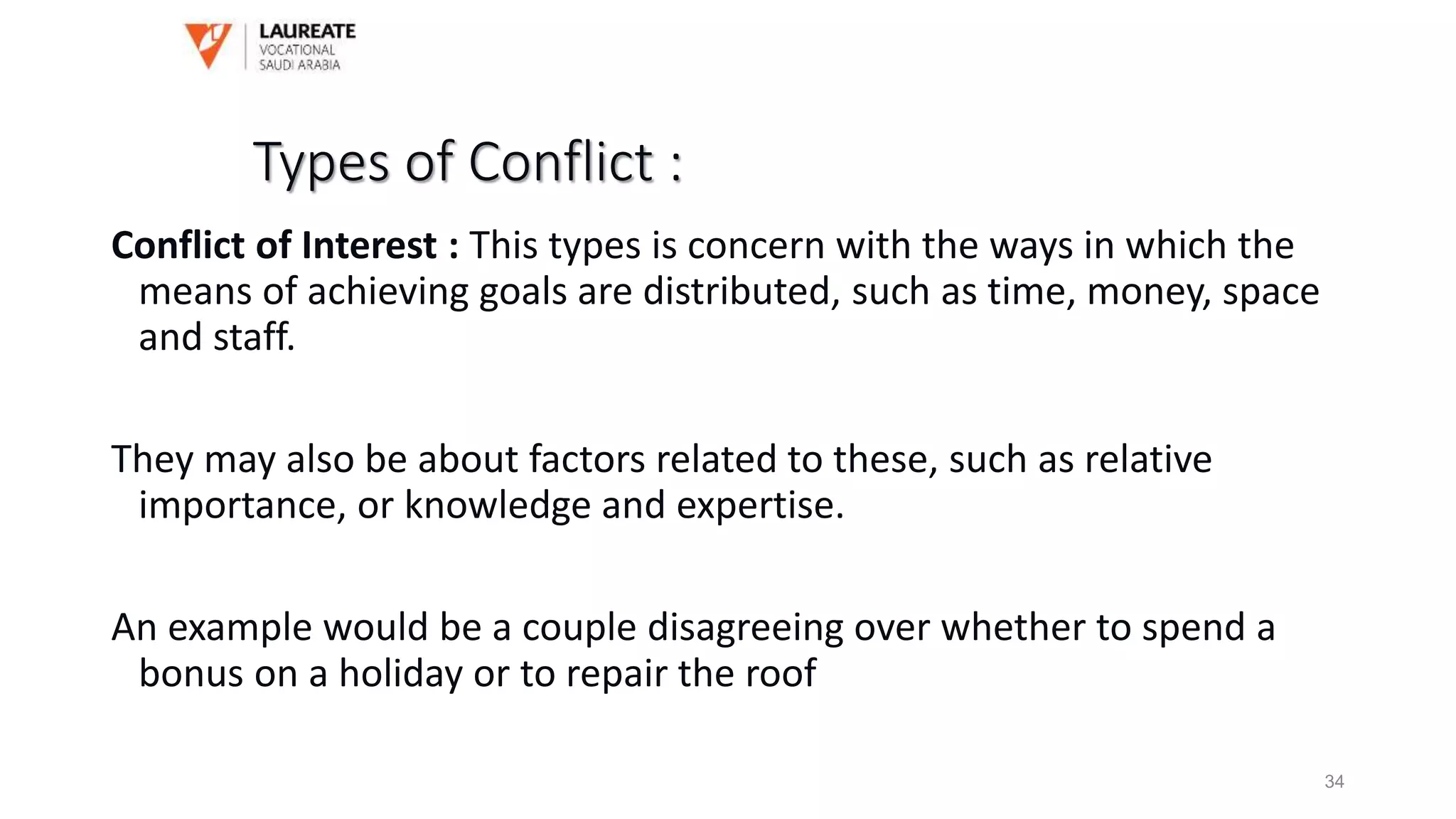 Conflict of Interest : This types is concern with the ways in which the
means of achieving goals are distributed, such as time, money, space
and staff.
They may also be about factors related to these, such as relative
importance, or knowledge and expertise.
An example would be a couple disagreeing over whether to spend a
bonus on a holiday or to repair the roof
Types of Conflict :
34
 