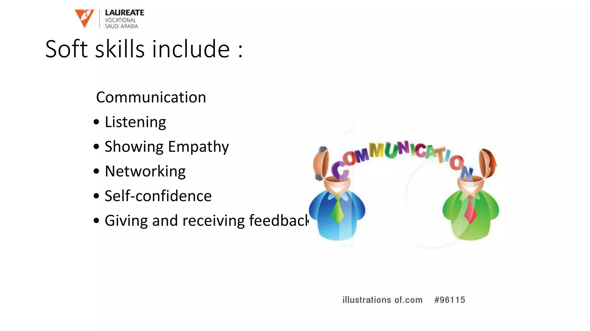 Soft skills include :
Communication
• Listening
• Showing Empathy
• Networking
• Self-confidence
• Giving and receiving feedback
 