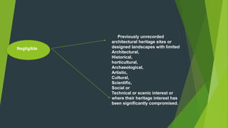 Negligible
Previously unrecorded
architectural heritage sites or
designed landscapes with limited
Architectural,
Historica...