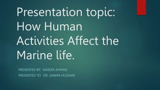 Presentation topic:
How Human
Activities Affect the
Marine life.
PRESENTED BY: NASEER AHMAD
PRESENTED TO: DR. ZAWAR HUSSAIN
 