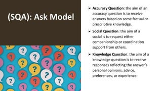 (SQA): Ask Model
 Accuracy Question: the aim of an
accuracy question is to receive
answers based on some factual or
prescriptive knowledge.
 Social Question: the aim of a
social is to request either
companionship or coordination
support from others.
 Knowledge Question: the aim of a
knowledge question is to receive
responses reflecting the answer’s
personal opinions, advice,
preferences, or experience.
 