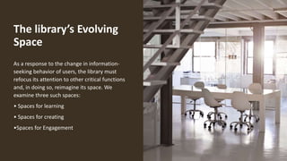 The library’s Evolving
Space
As a response to the change in information-
seeking behavior of users, the library must
refocus its attention to other critical functions
and, in doing so, reimagine its space. We
examine three such spaces:
• Spaces for learning
• Spaces for creating
•Spaces for Engagement
 
