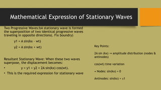 Mathematical Expression of Stationary Waves
Two Progressive Waves:bA stationary wave is formed
the superposition of two identical progressive waves
traveling in opposite directions(. Fix boundry)
y1 = A sin(kx – wt)
y2 = A sin(kx + wt)
Resultant Stationary Wave: When these two waves
superpose, the displacement becomes:
• y = y1 + y2 = 2A sin(kx) cos(wt).
• This is the required expression for stationary wave
Key Points:
2A sin (kx) amplitude distribution (nodes &
→
antinodes)
cos(wt) time variation
• Nodes: sin(kx) = 0
Antinodes: sin(kx) = ±1
 